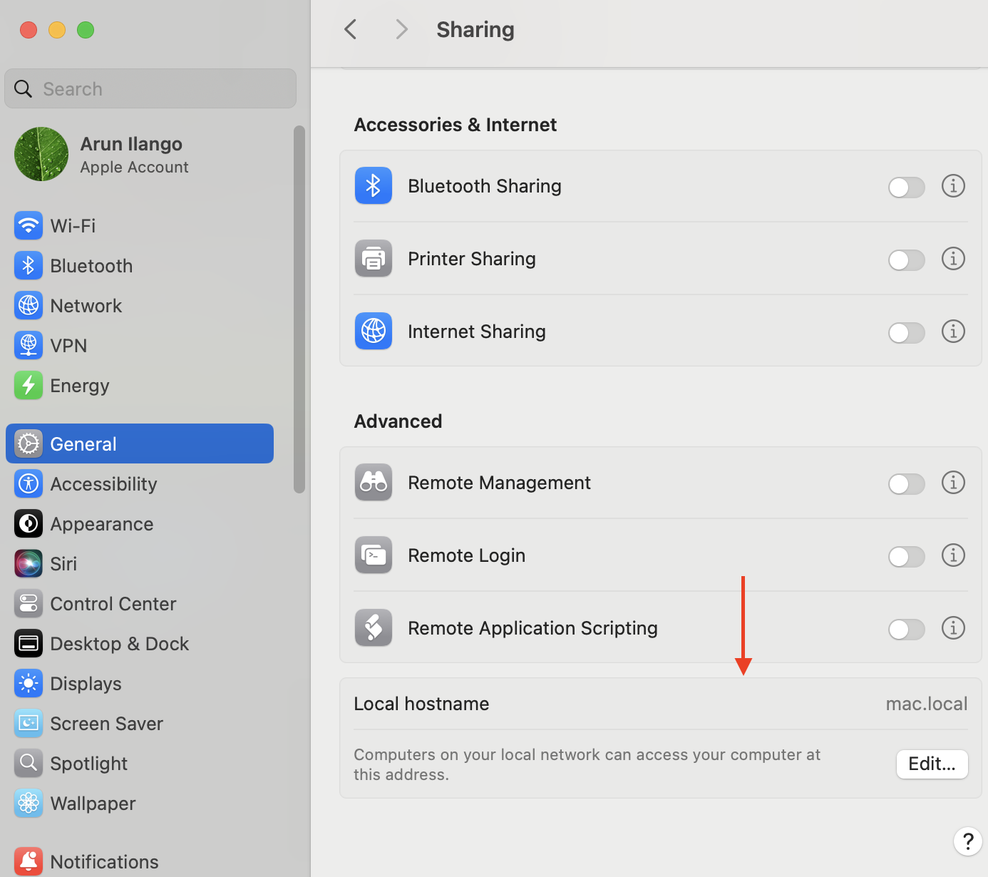 macOS Sharing settings for local hostname